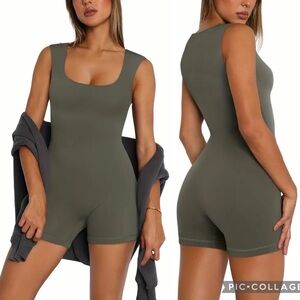 NWT New Romper Square Neck Solid Army Olive Green Sleeveless Tank Shorts
